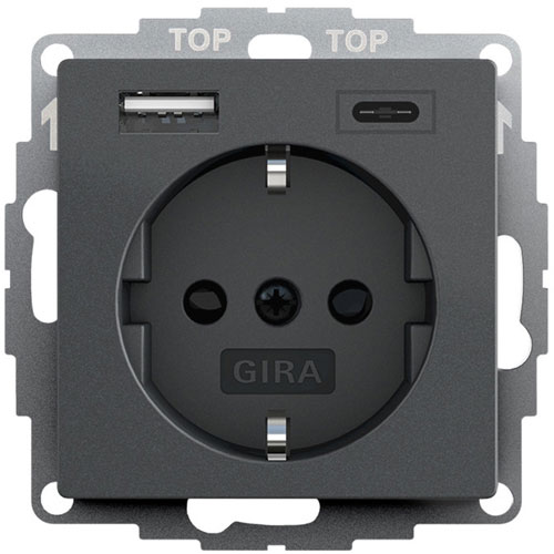 Gira SCHUKO-Steckdose 16 A 250 V~ mit Shutter und USB-Spannungsversorgung  Typ A / Typ C (anthrazit) | Elektroversand Schmidt GmbH